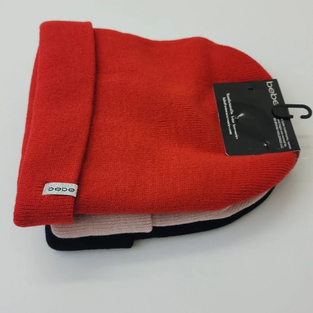 Bebe Beanie Hats 3 Pack Black Red‎ Pink Ribbed Knit Cuffed Winter Cap One Size